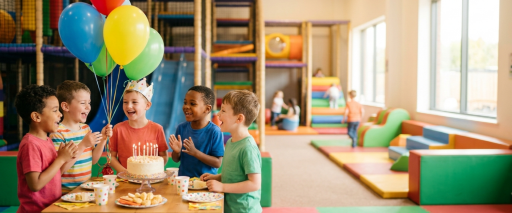 Parents learning how to plan a kids birthday party at a colourful indoor play centre party table