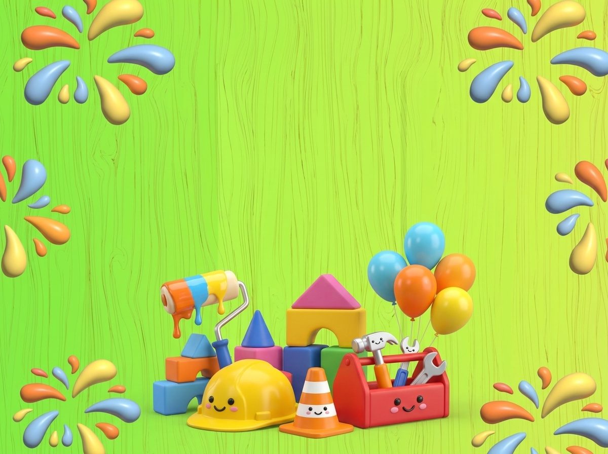 Hard hat, paint roller and toolbox among colourful play blocks